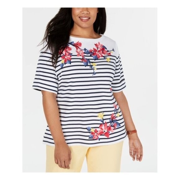 Karen Scott Tops - Karen Scott Floral Printed Boatneck Bright White (AI)